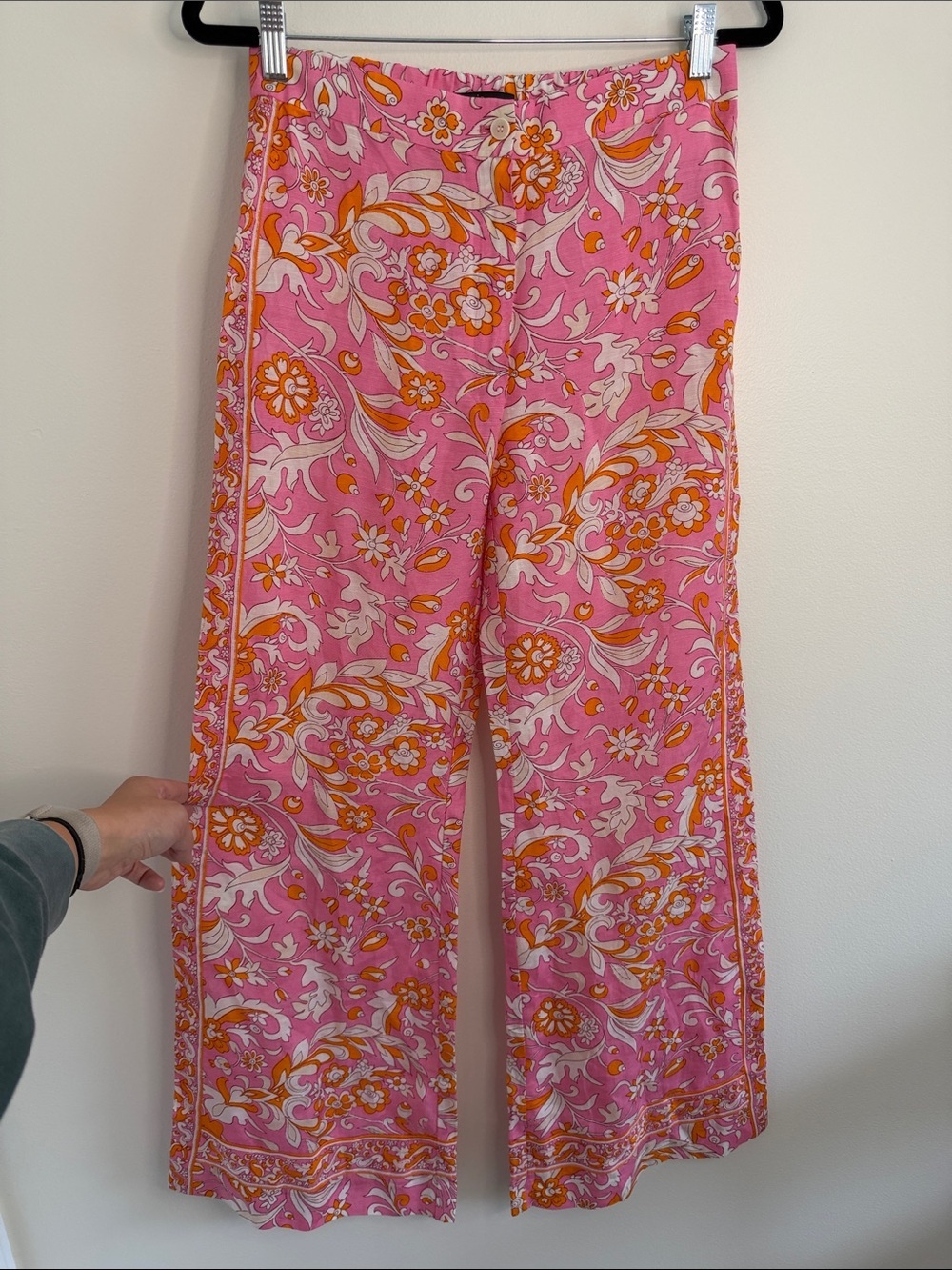 Maje Patterned Linen Trousers Pink Orange Floral Paisley FR 36 Small